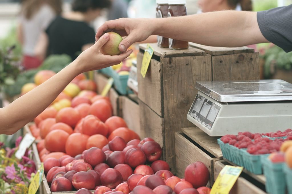 Pessoa comprando frutas com desconto vale alimentação, ela segura uma maçã que está sendo entregue pelo vendedor. Sob o braço dele, no balcão, está uma balança para pesar alimentos